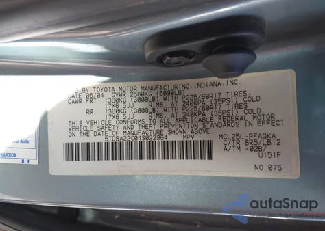 2004 Toyota Sienna Xle from USA, damaged, VIN 5TDBA22C04S022964